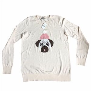 Loft Pug Santa Hat Knit Sweater M NWT
